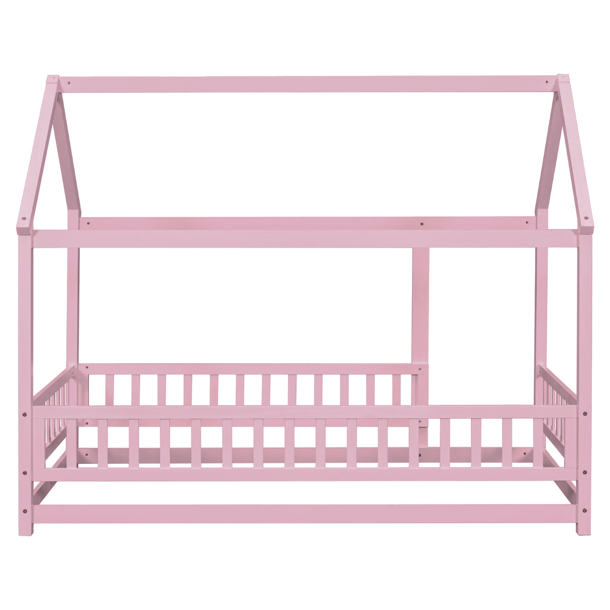 Twin Size Floor Wooden Bed with House Roof Frame, Fence Guardrails,Pink - V.I.P Digital Presence