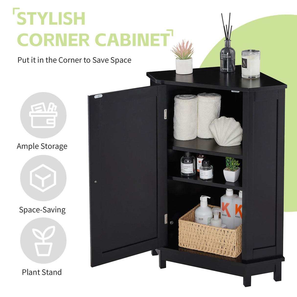 Black Bathroom Cabinet Triangle Corner Storage Cabinet with Adjustable Shelf Modern Style MDF Board - V.I.P Digital Presence