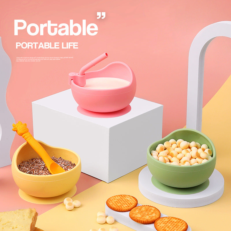 Cuenco de silicona completo para niños con ventosa para aprender a comer, cuenco de entrenamiento, cuchara, tenedor y plato para bebés con adsorción