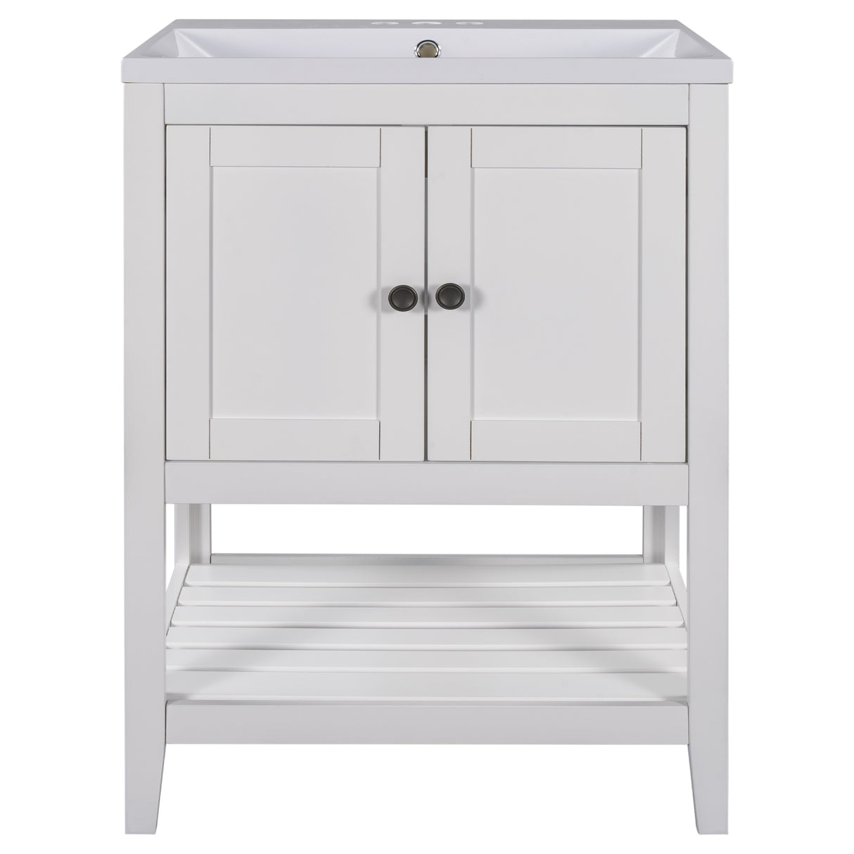 24" White Modern Sleek Bathroom Vanity Elegant Ceramic Sink with Solid Wood Frame Open Style Shelf - V.I.P Digital Presence