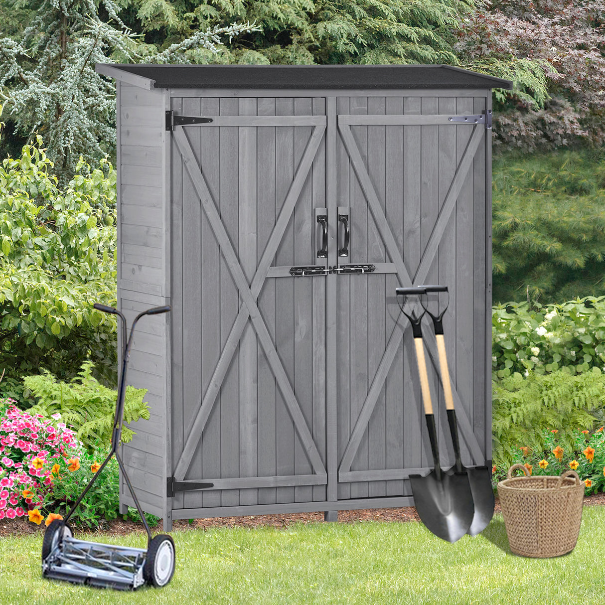 Outdoor 5.3ft Hx4.6ft L Wood Storage Shed Tool Organizer,Garden Shed, Storage Cabinet with Waterproof Asphalt Roof Gray - V.I.P Digital Presence