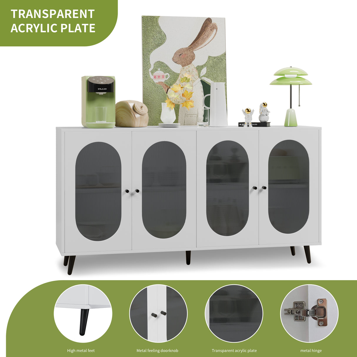 Modern Accent Sideboard Cabinet with Acrylic Doors, Freestanding Storage Cupboard Console Table for Kitchen Dining White - V.I.P Digital Presence