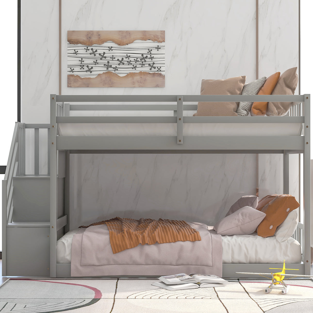 Twin over Twin Floor Bunk Bed, Ladder with Storage Gray