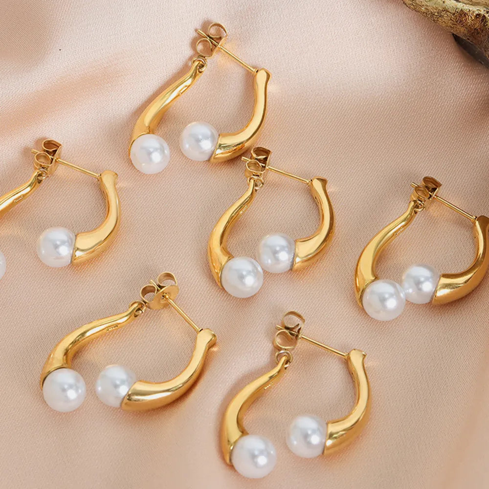 Elegant split design with high gloss pearl inlay simple titanium steel gold-plated earrings - V.I.P Digital Presence