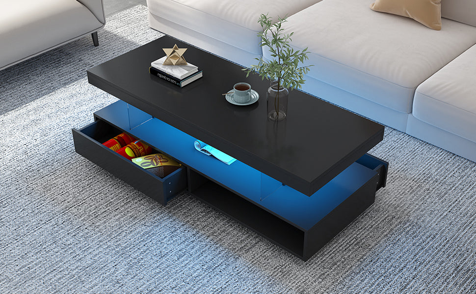 U-Can LED coffee table with storage space, modern central table with 2 drawers and display rack, equipped with LED lights, black - V.I.P Digital Presence