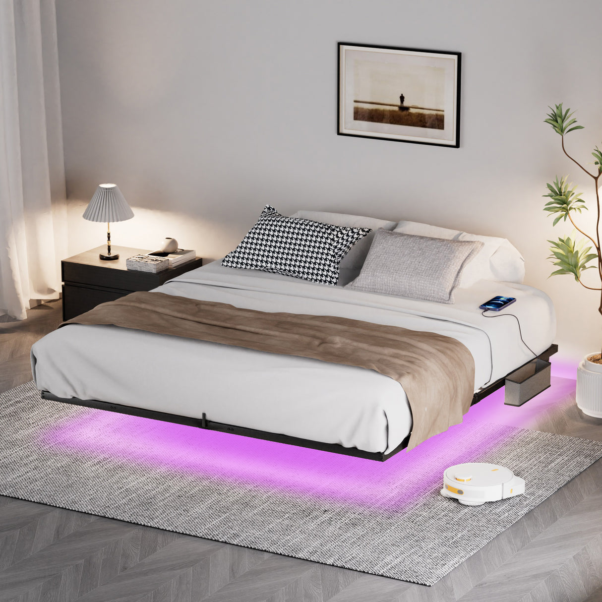 Floating Bed Frame King Size with LED Lights & charging station, Metal Platform Queen Bed, 79.9'' L x 76.2'' W x 7.9'' H. - V.I.P Digital Presence
