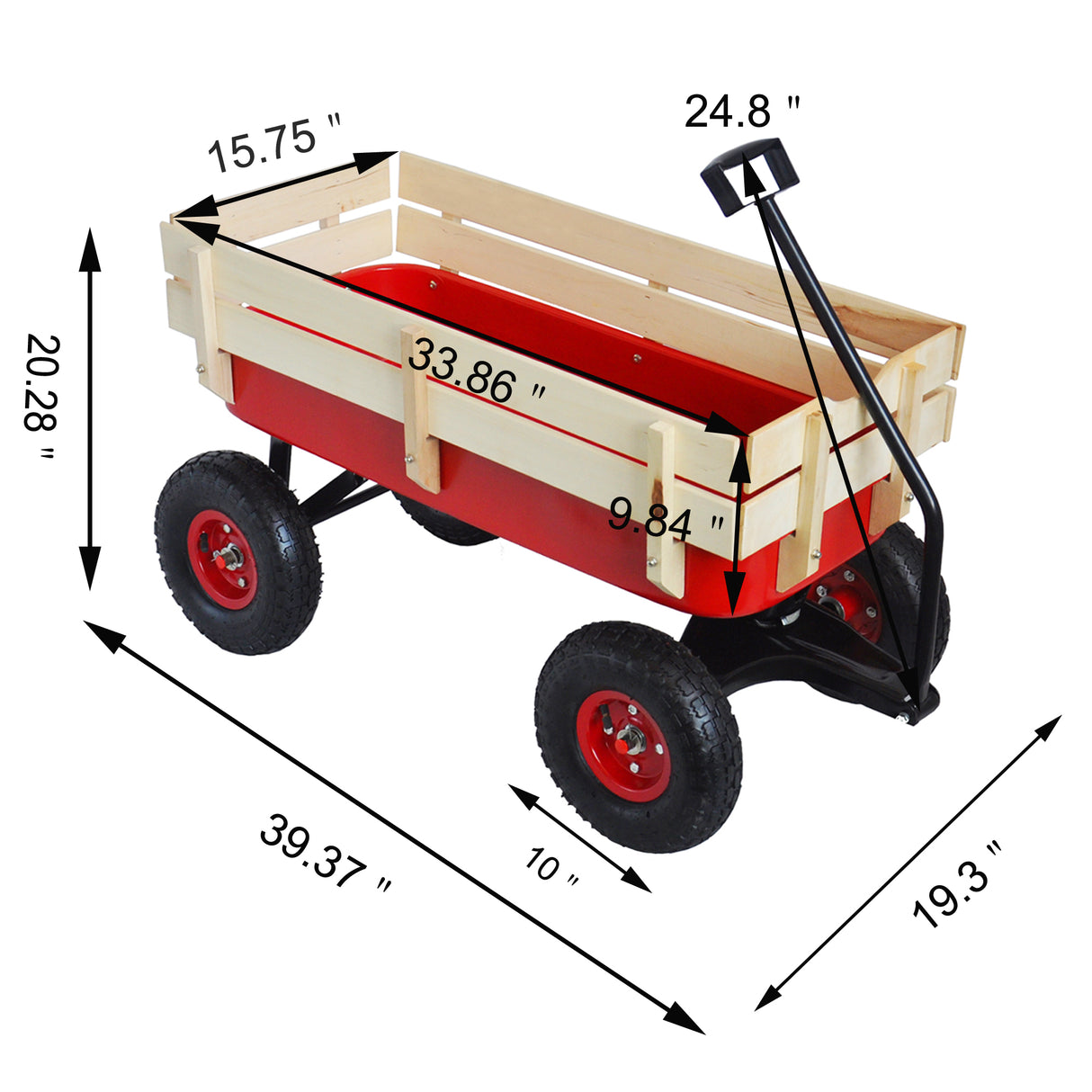 Outdoor Wagon All Terrain Pulling w/Wood Railing Air Tires Children Kid Garden(Red)