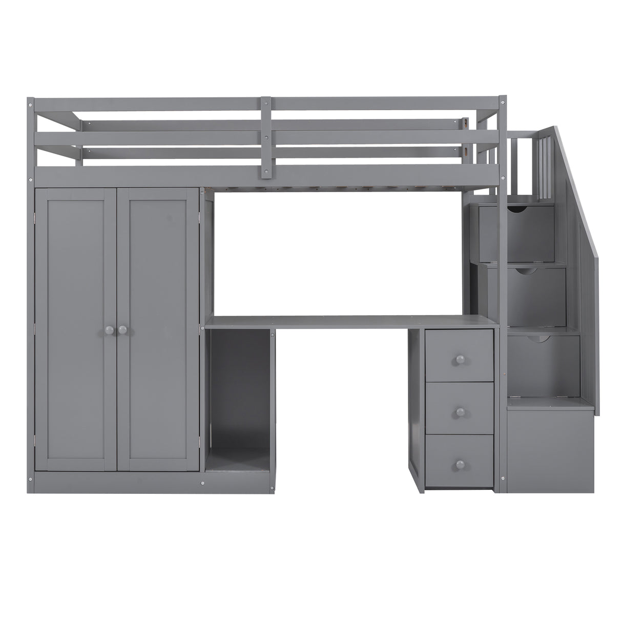 Twin Size Loft Bed with Wardrobe and Staircase Desk and Storage Drawers and Cabinet in 1 Gray