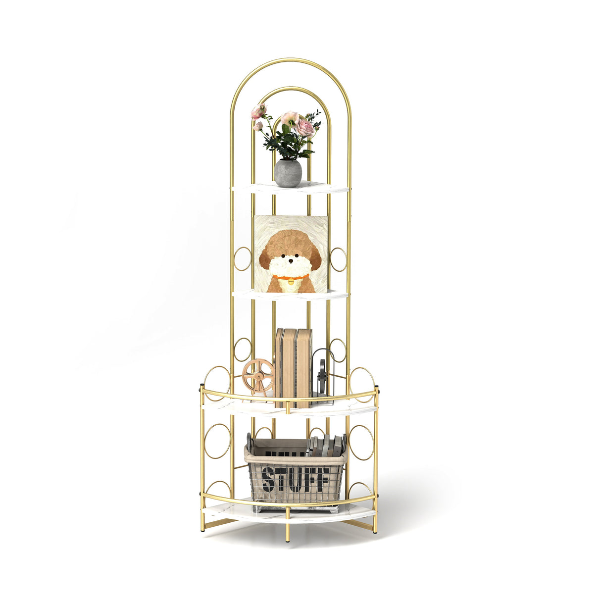 Gold 4-Tier Corner Bookshelf, Modern Style, Plant Stand with Metal Frame - V.I.P Digital Presence