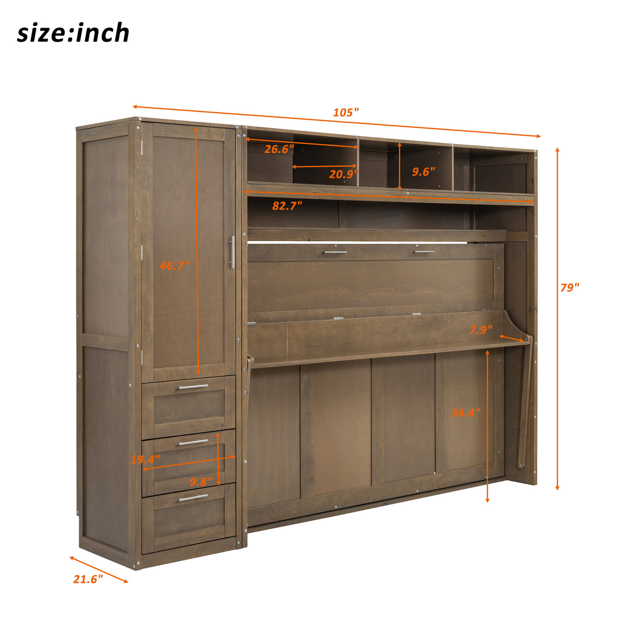 Full Size Murphy Bed with Wardrobe, Drawers and Open Shelves, Antique Grey - V.I.P Digital Presence