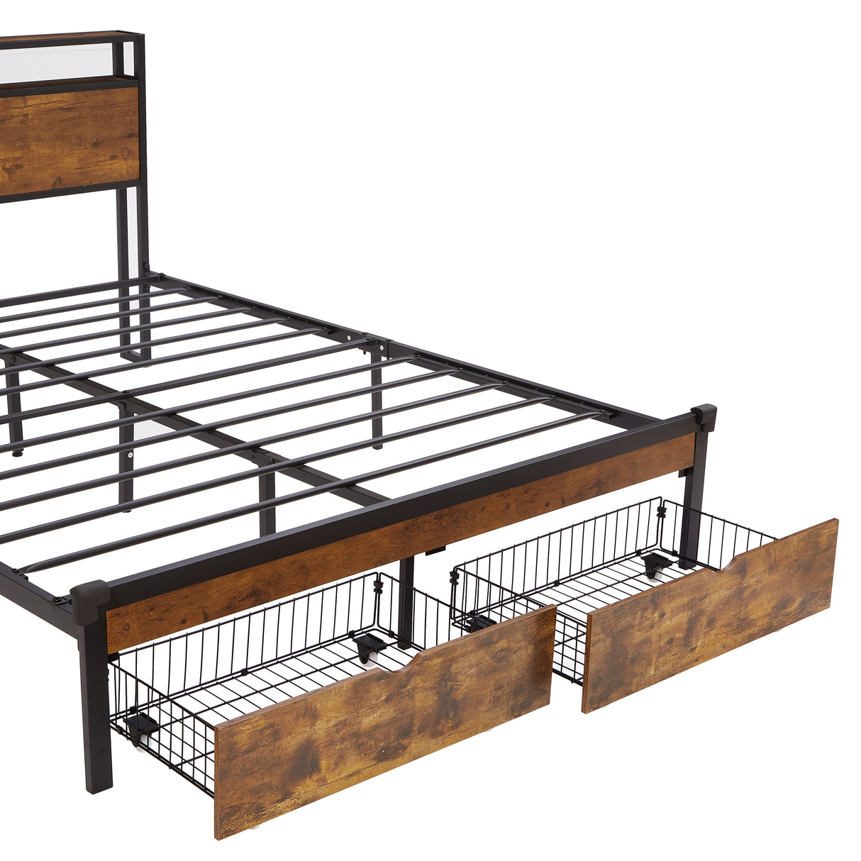 Large metal bed frame with wooden headboard and USB foot pedal, charging station, 2 drawers, LED lights, no need for box spring - V.I.P Digital Presence