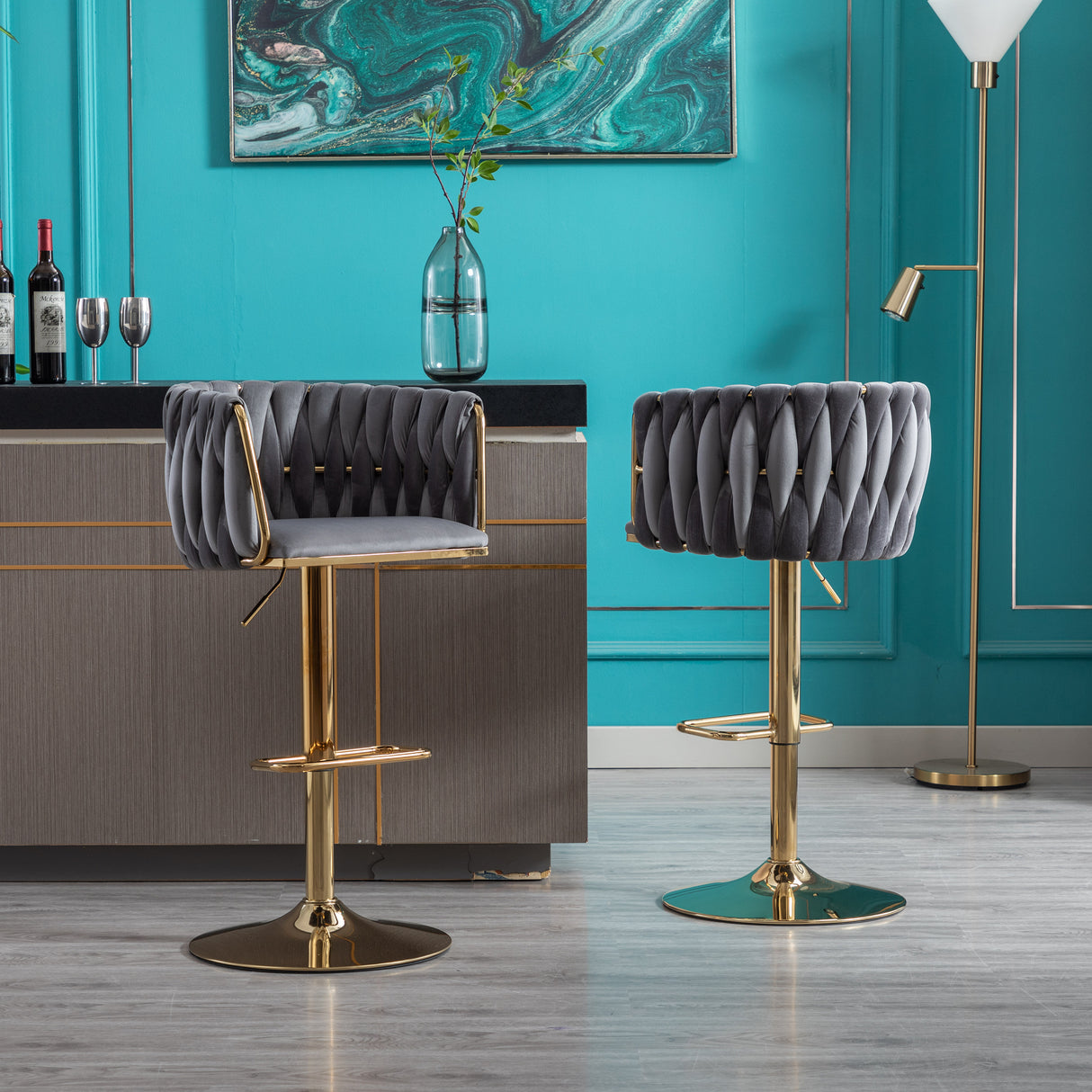 Set of 2 Bar Stools with Chrome Footrest and Base Swivel Height Velvet + Golden Leg Simple Bar Stool-Grey