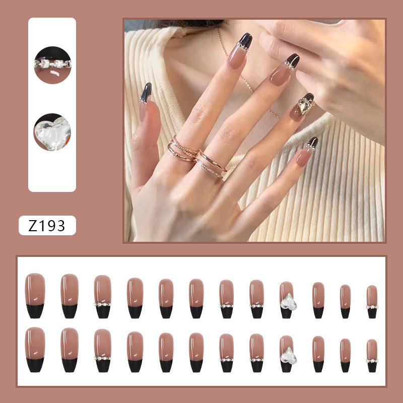 Black French Long Wearing Nail Rhinestone Love Chain Removable Fake Nail Nail Piece Nail Sticker Manicure Nail - V.I.P Digital Presence