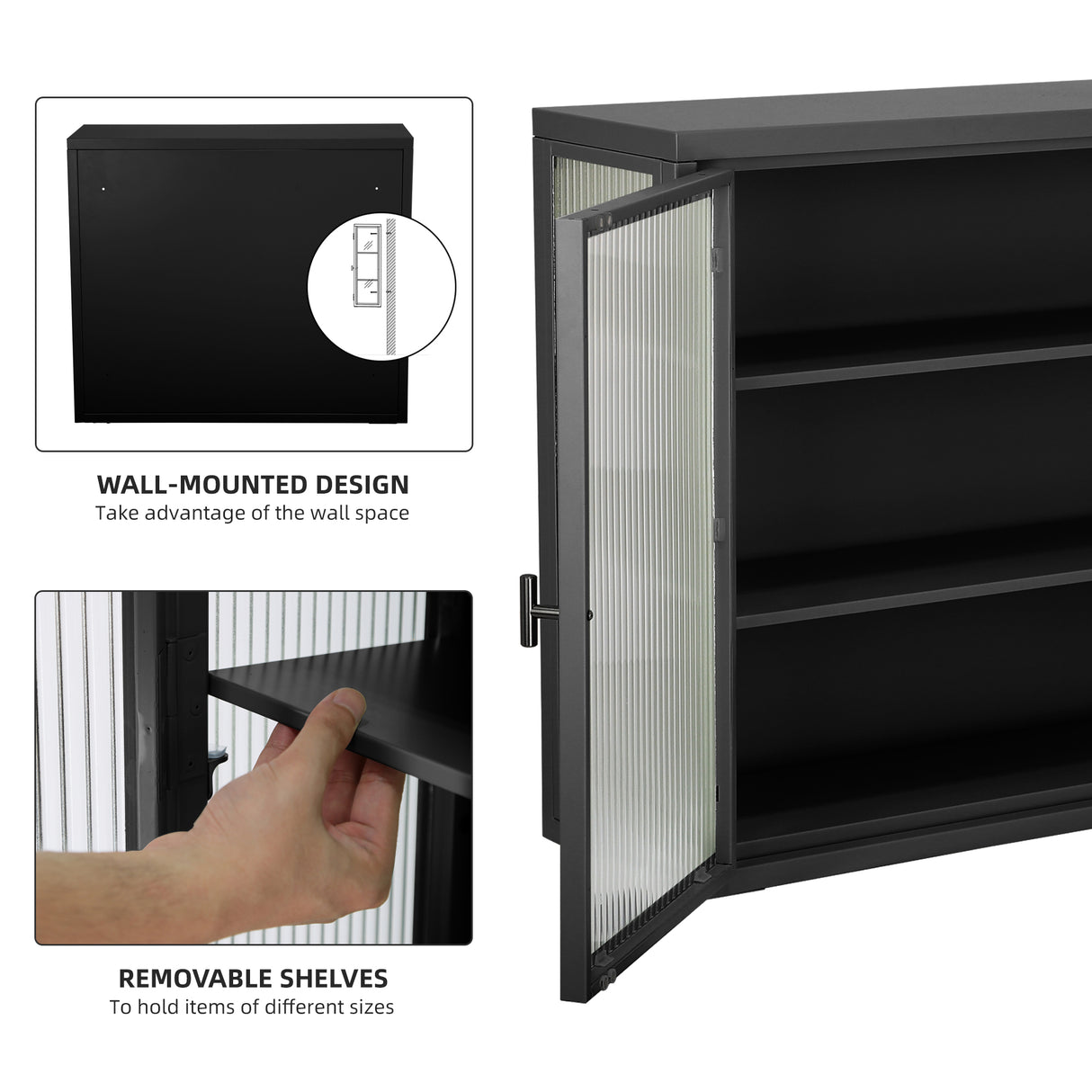 Retro Style Haze Double Glass Door Wall Cabinet With Detachable Shelves for Office Dining Room Living Room