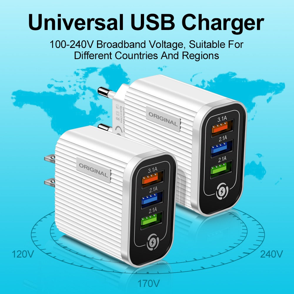 3USB-2.1A Multi Port Mobile Phone Charger Smart Travel Charging Head - V.I.P Digital Presence