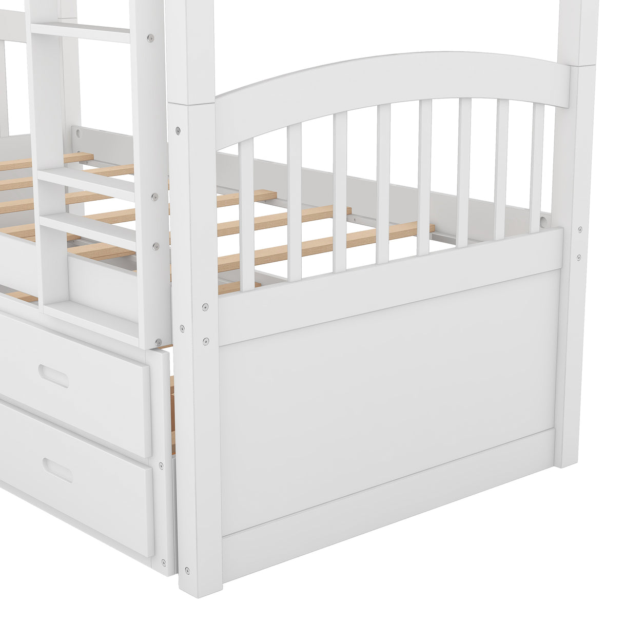 Twin over Twin Wood Bunk Bed with Trundle and Drawers White