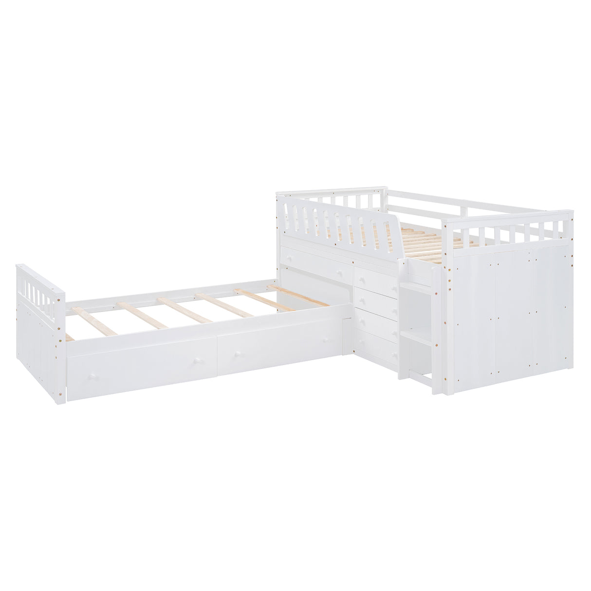 L-shaped Space-Saving Twin Loft and Twin Platform Bed with 7 Drawers and Full Guardrails(WHITE) - V.I.P Digital Presence