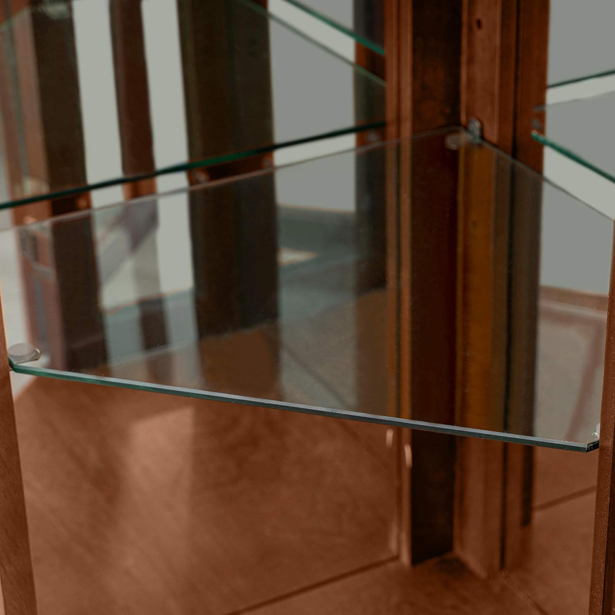 Corner Curio cabinet, adjustable tempered glass frame, rearview mirror, display cabinet, walnut wood (excluding E26 bulbs) - V.I.P Digital Presence