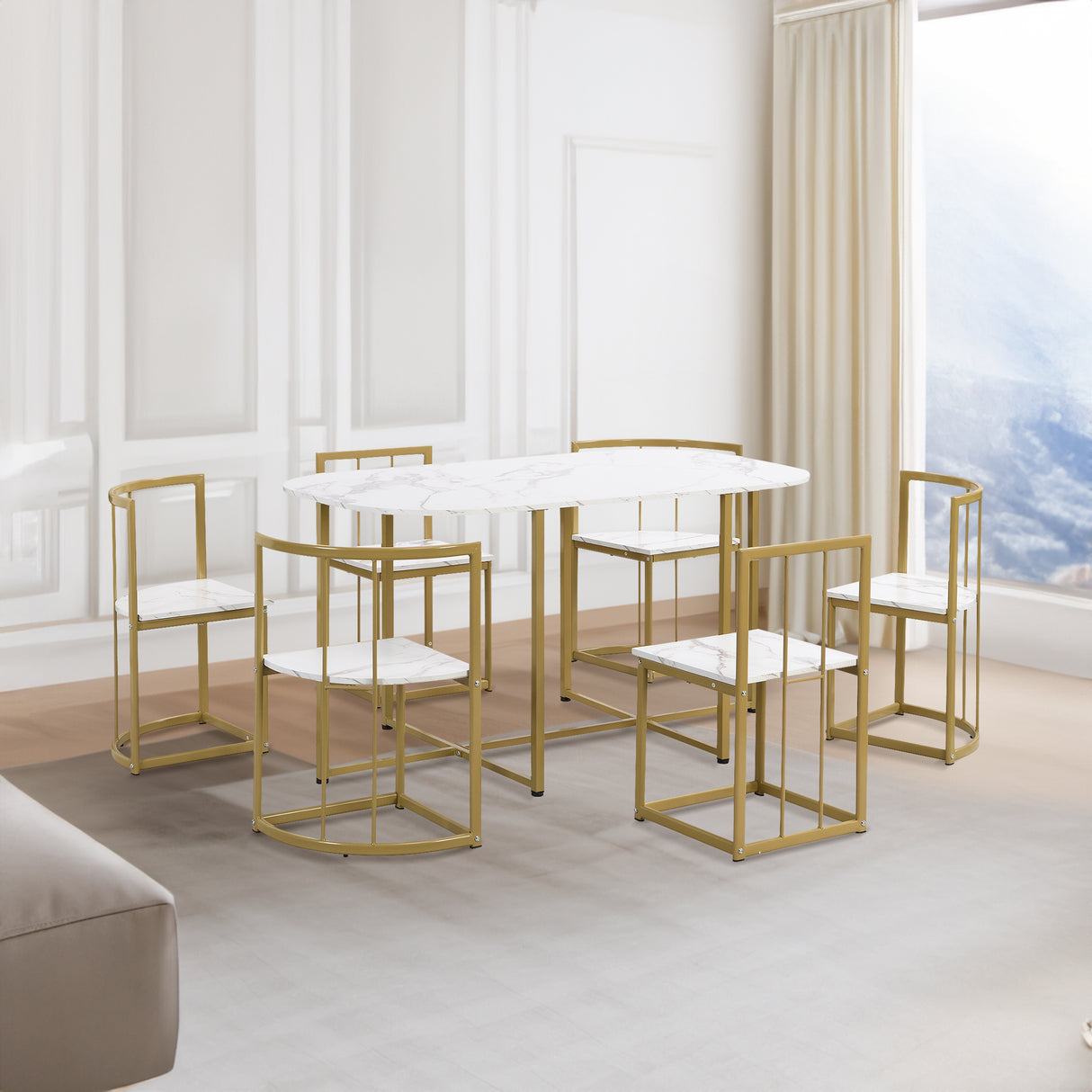 TOPMAX Modern 7-Piece Dining Table Set with Faux Marble Compact 55Inch Kitchen Table Set for 6 Golden+White