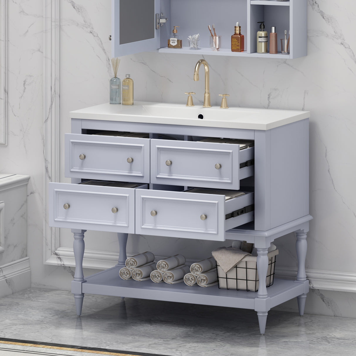 36" Bathroom Vanity Cabinet with Sink Combo Set, Undermount Resin Sink, Free Standing Vanity Set with 4 Drawers Blue - V.I.P Digital Presence