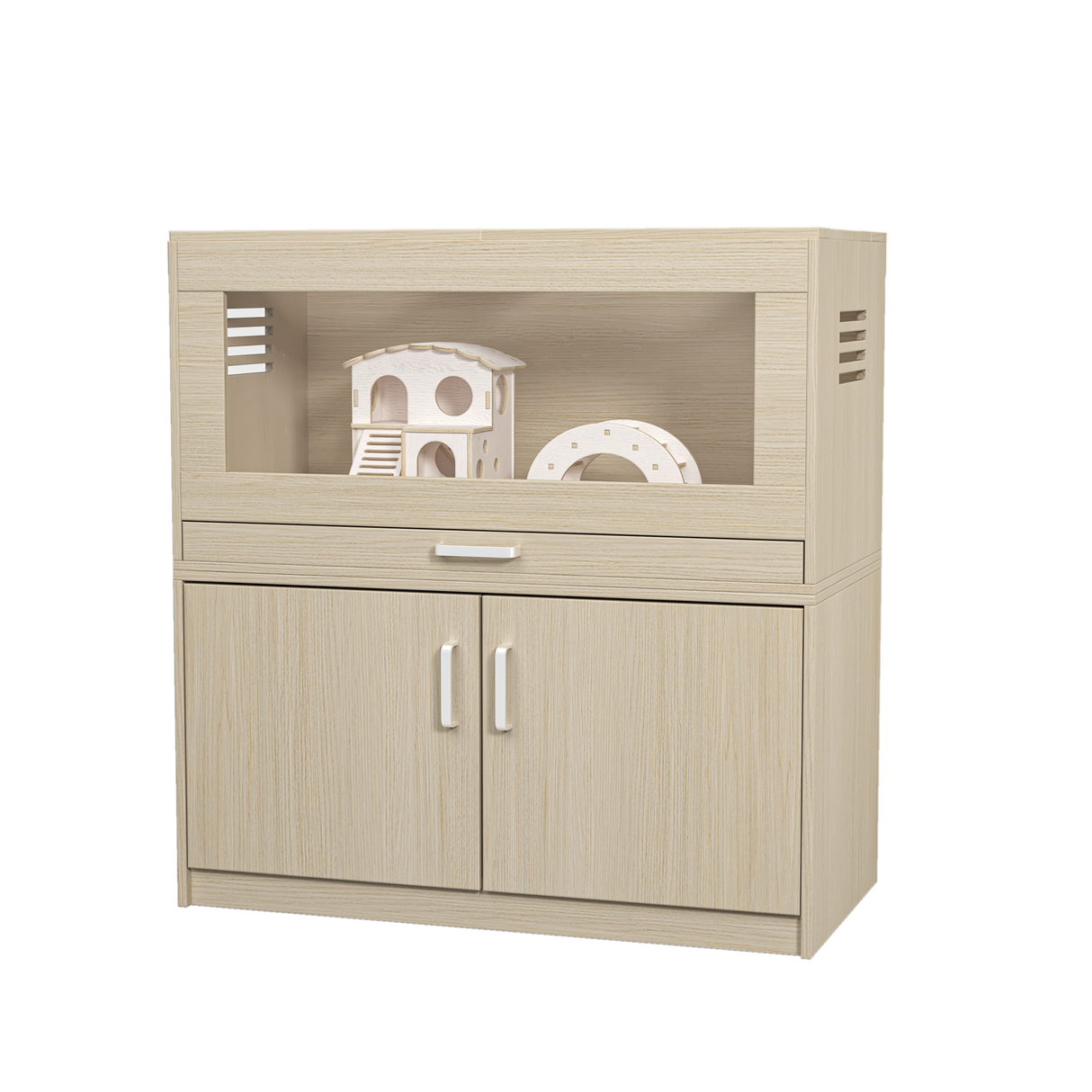 Squirrel cage acrylic panel with independent storage cabinet and wooden guinea pig room with bridge (L 31.50 x W 15.75 x H32.28) - V.I.P Digital Presence