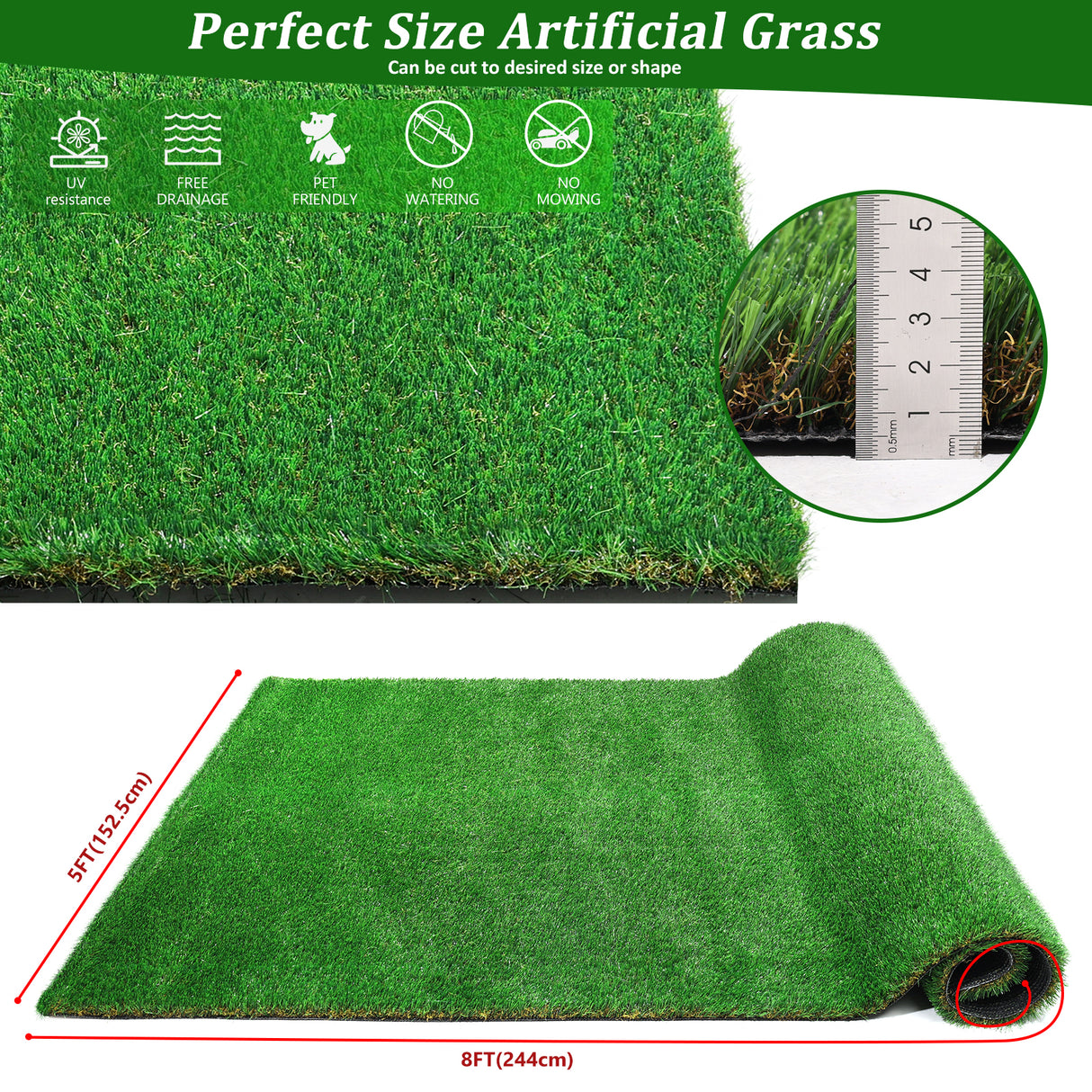 5FTX8FT outdoor artificial grass running blanket, thick and realistic fake grass roll with a pile height of 1.38 inches - V.I.P Digital Presence