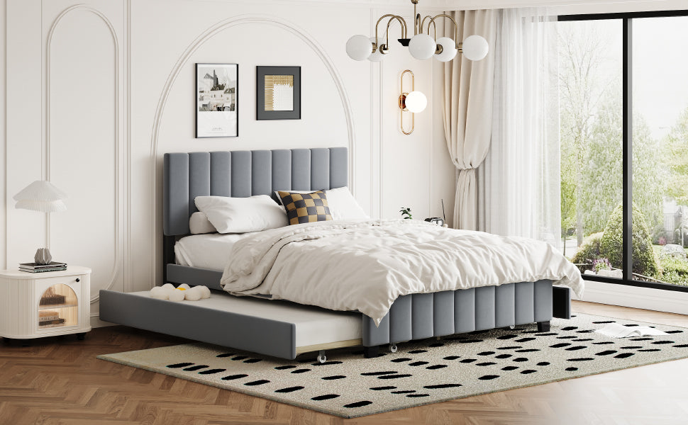 Queen Size Velvet Upholstered Platform Bed with 2 Drawers and 1 Twin XL Trundle- Gray - V.I.P Digital Presence