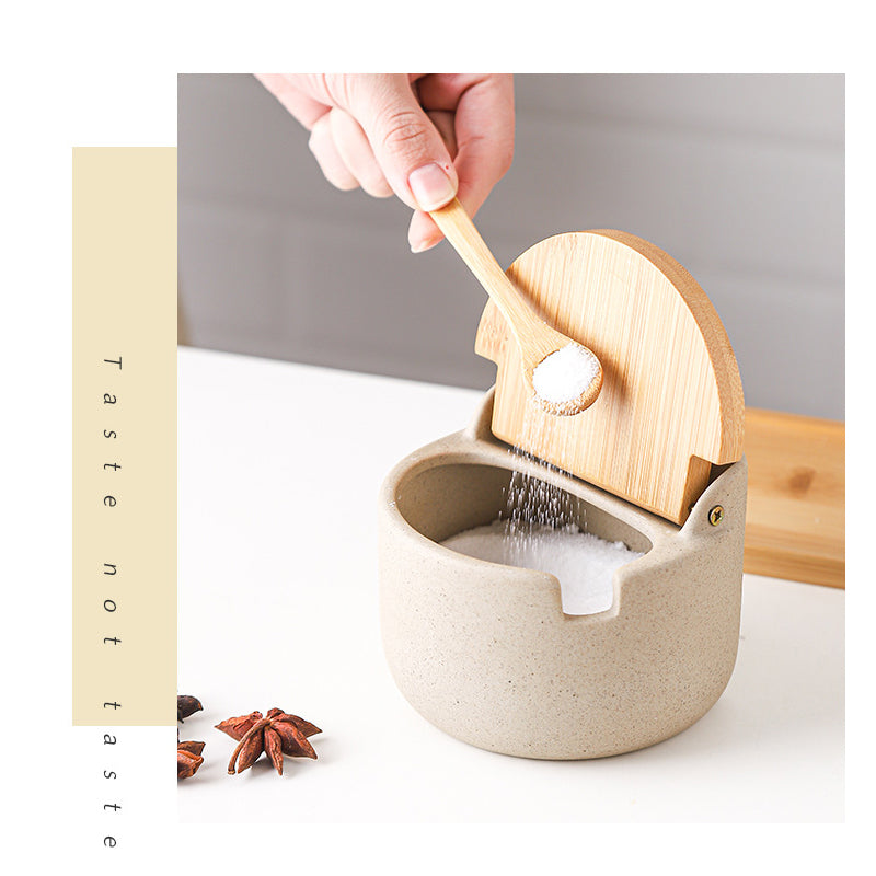 Japanese Ceramic Bamboo and Wood Lid Seasoning Jar Seasoning Box Kitchen Seasoning Storage Jar Salt Sugar Jar Set - V.I.P Digital Presence