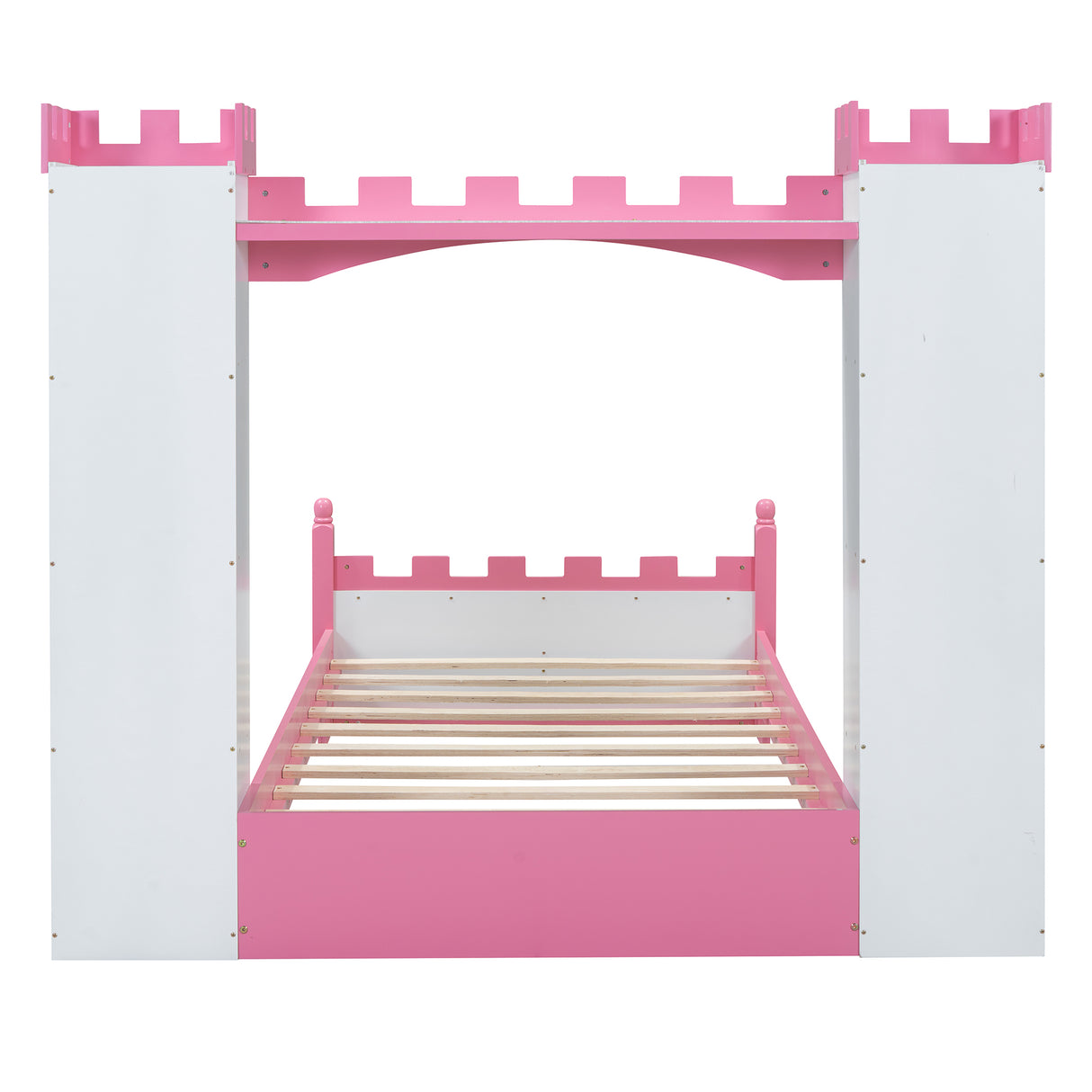 Castle-Shaped Wooden Bed with Storage Shelf, Dreamy Twin Size Platform Bed for Kids Bedroom, White + Pink - V.I.P Digital Presence