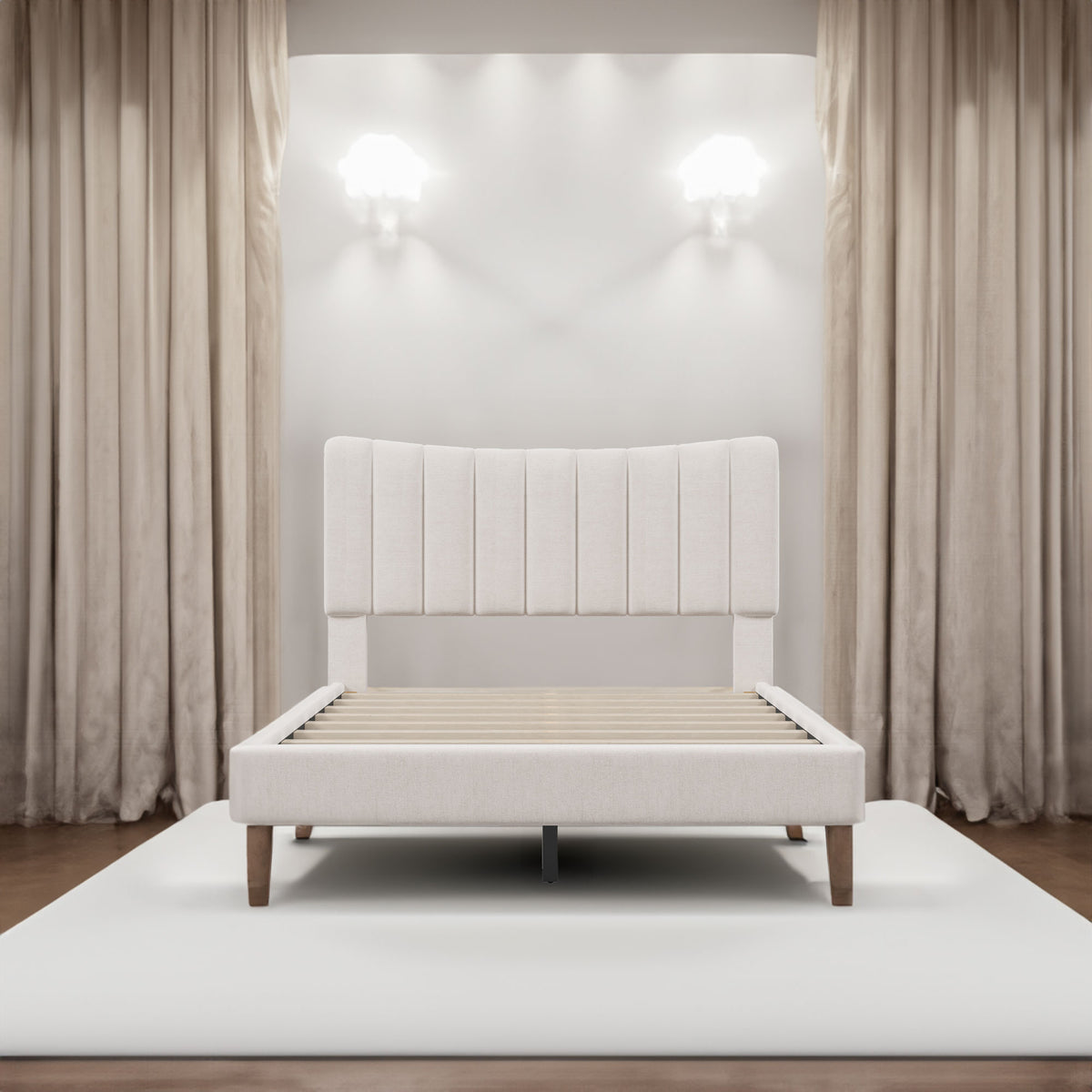 Upholstered Platform Bed Frame with Vertical Channel Tufted Headboard No Box Spring Needed Full Cream