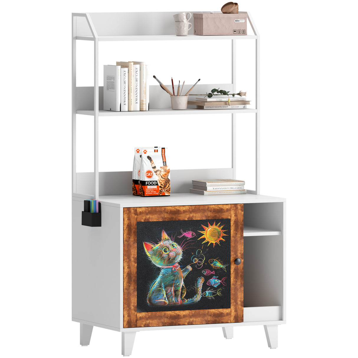 Graffiti with 2 storage racks and 1 door cat litter box shell, hidden cat litter box with rack shell furniture white - V.I.P Digital Presence