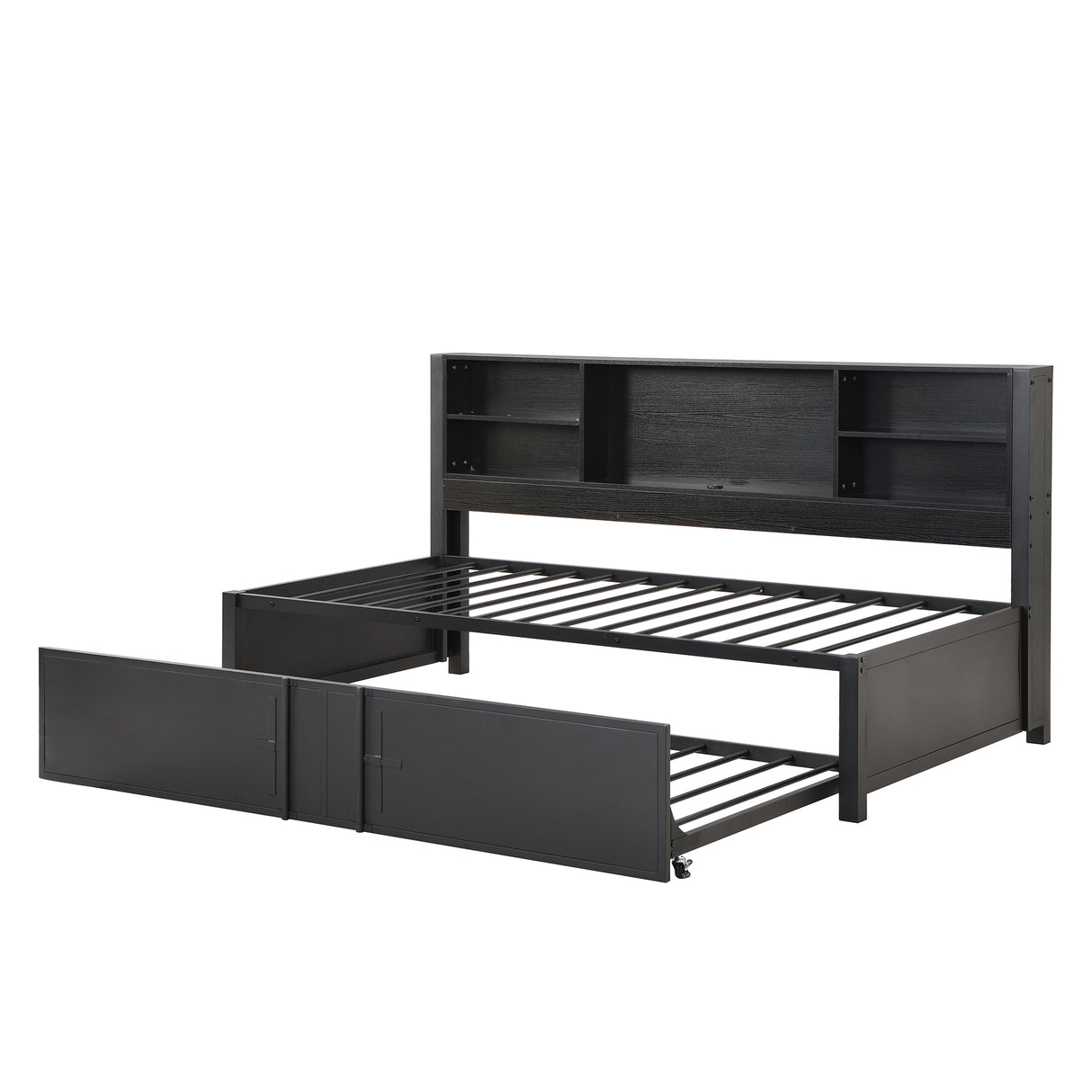 Metal Twin Size Daybed with Twin Size Trundle Storage Shelves and USB Ports Black