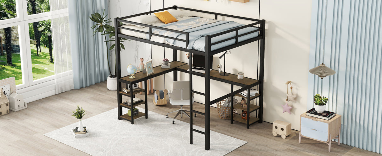 Full metal loft bed with desk and shelf, loft bed with ladder and guardrail, black with retro wood desk - V.I.P Digital Presence