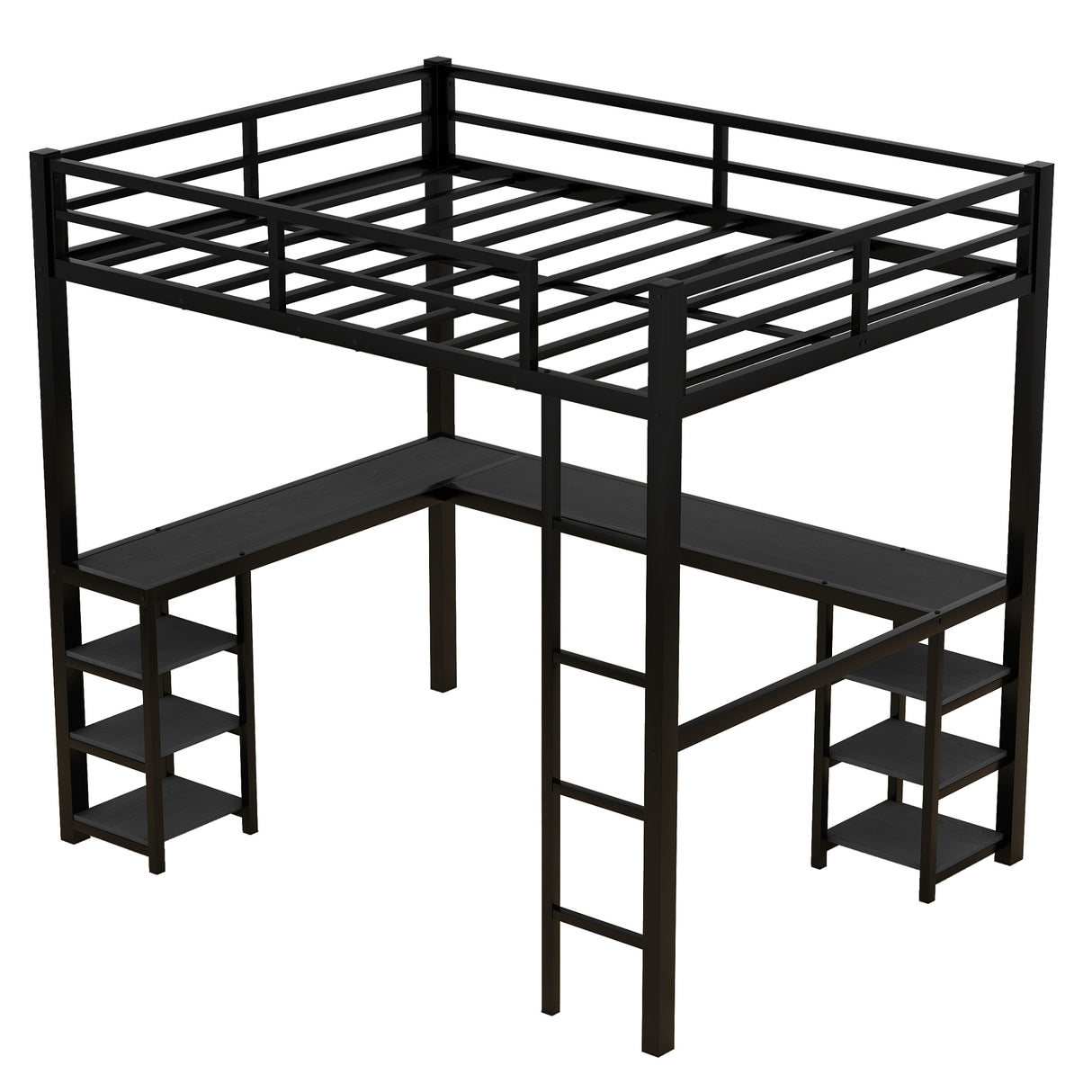 All metal loft bed with desk and shelf, loft bed with ladder and guardrail, black with black desk - V.I.P Digital Presence