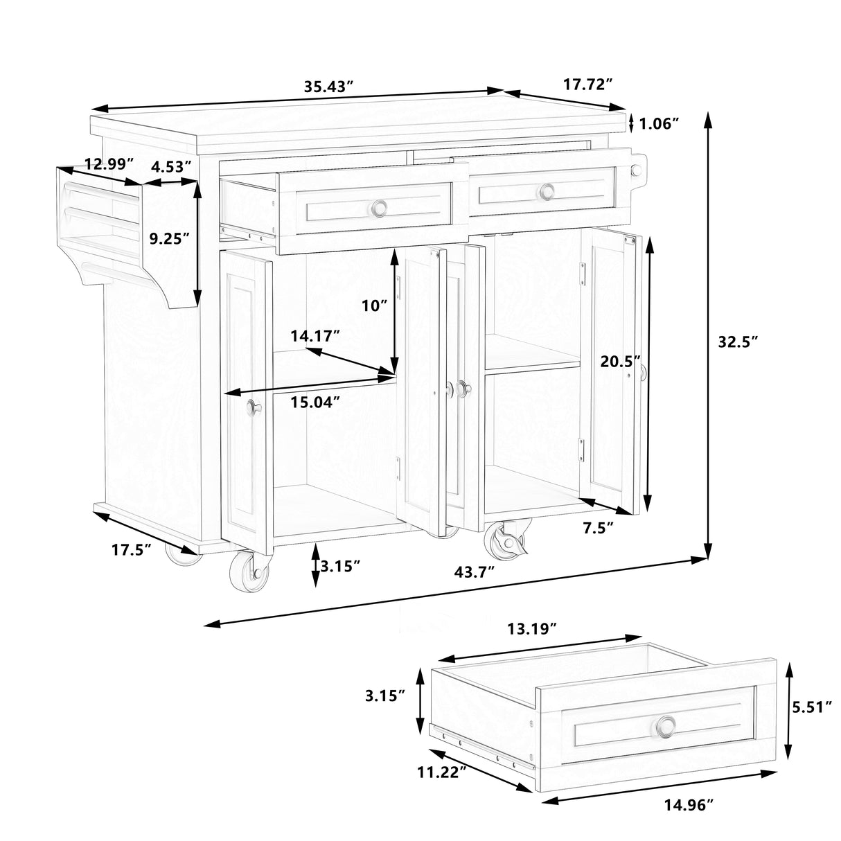 Kitchen Island Cart with Two Storage Cabinets and Two Locking Wheels 43.31 Inch Width 4 Door Cabinet and Two Drawers Spice Rack