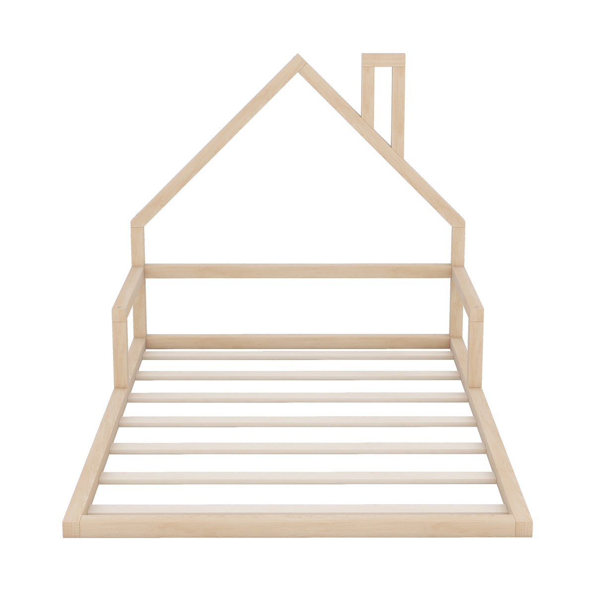 Full Size Wood Floor Bed with House-shaped Headboard Natural
