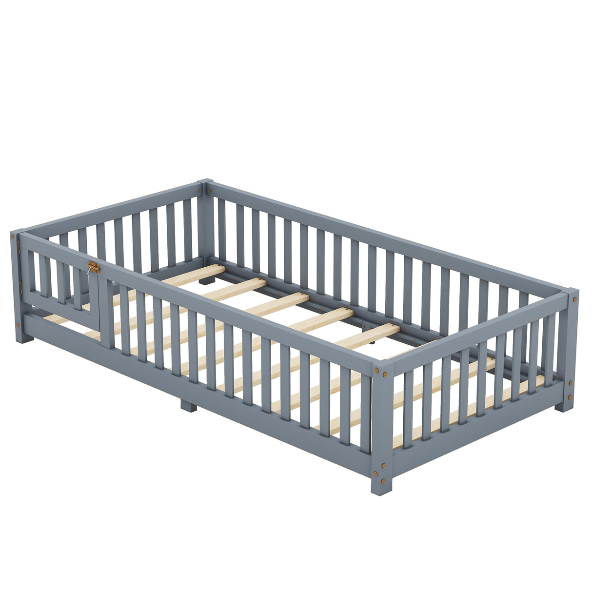 Twin Size Bed Floor Bed with Safety Guardrails and Door for Kids, Gray - V.I.P Digital Presence