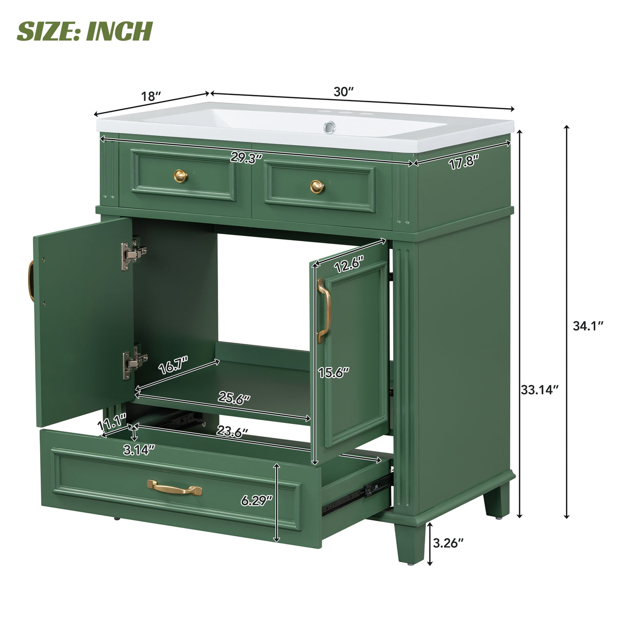 30 inch uncovered bathroom vanity with soft closed door, limited to solid wood frame bathroom storage cabinet green - V.I.P Digital Presence