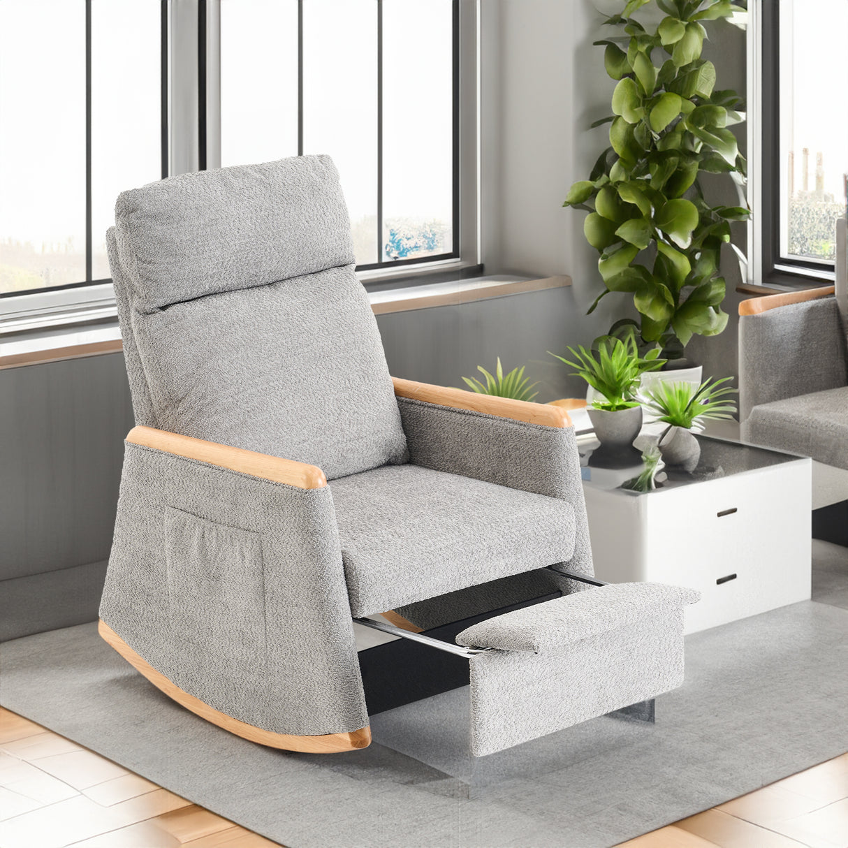 Accent Rocking Chair with Footrest High Back Rubber Wood Rocking Legs Bedroom Living Space 38.6D X 26.8W X 40.6H Inch - V.I.P Digital Presence