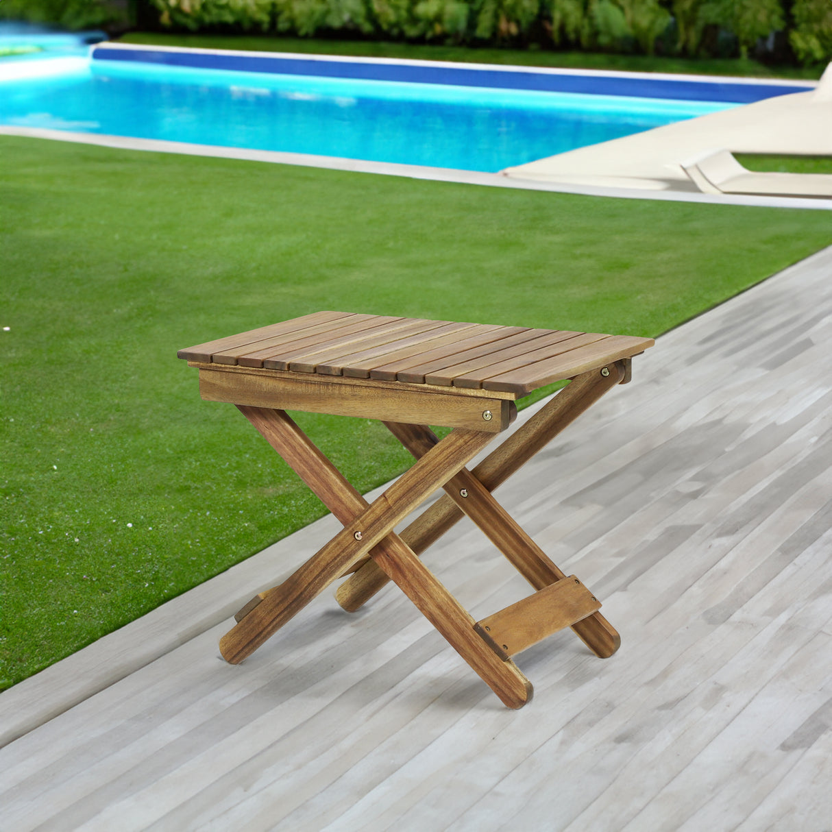 Outdoor Folding Wooden Side Table, Natural, 15"D x 22.75"W x 18.25"H - V.I.P Digital Presence