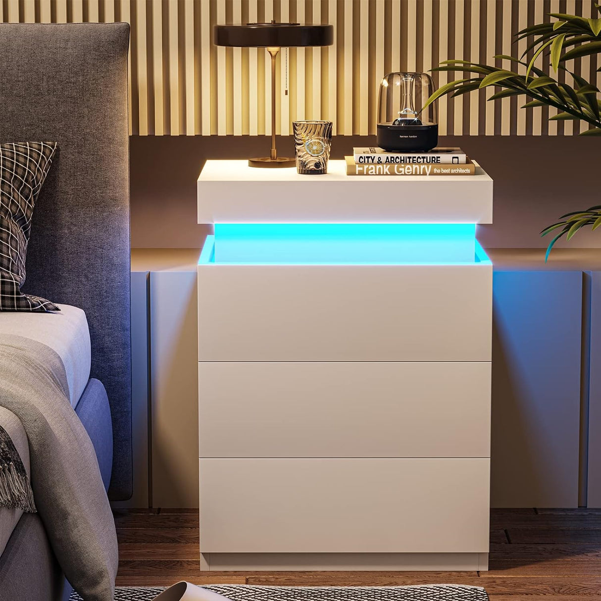 LED White Nightstand With 3 Drawers, Modern Multi-Colour LED Night Table Bedside Tables for Bedroom, Living Room - V.I.P Digital Presence