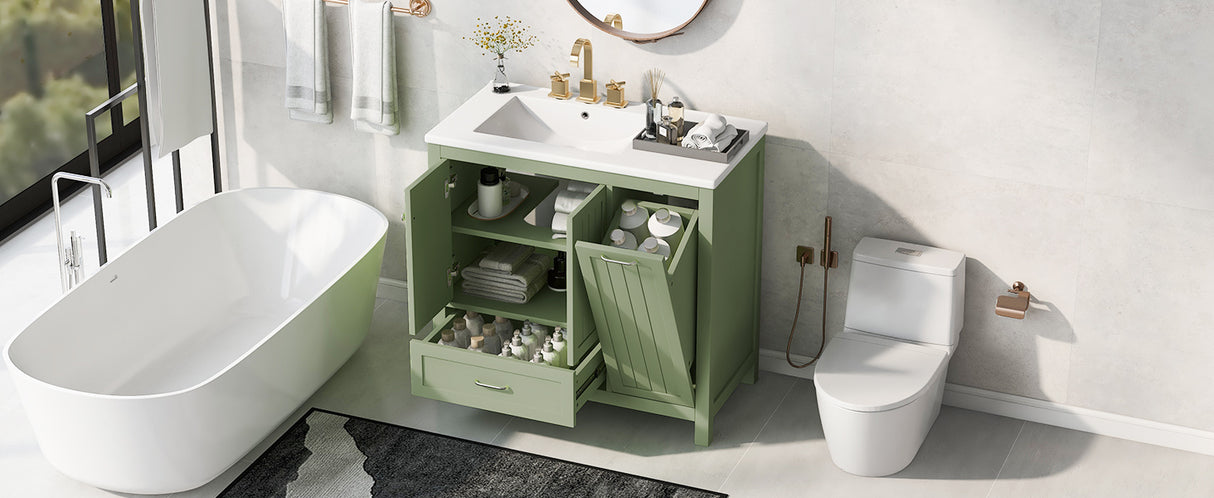 36 inch bathroom vanity with sink, one double door cabinet one large drawer and one flip drawer solid wood and MDF board, green - V.I.P Digital Presence