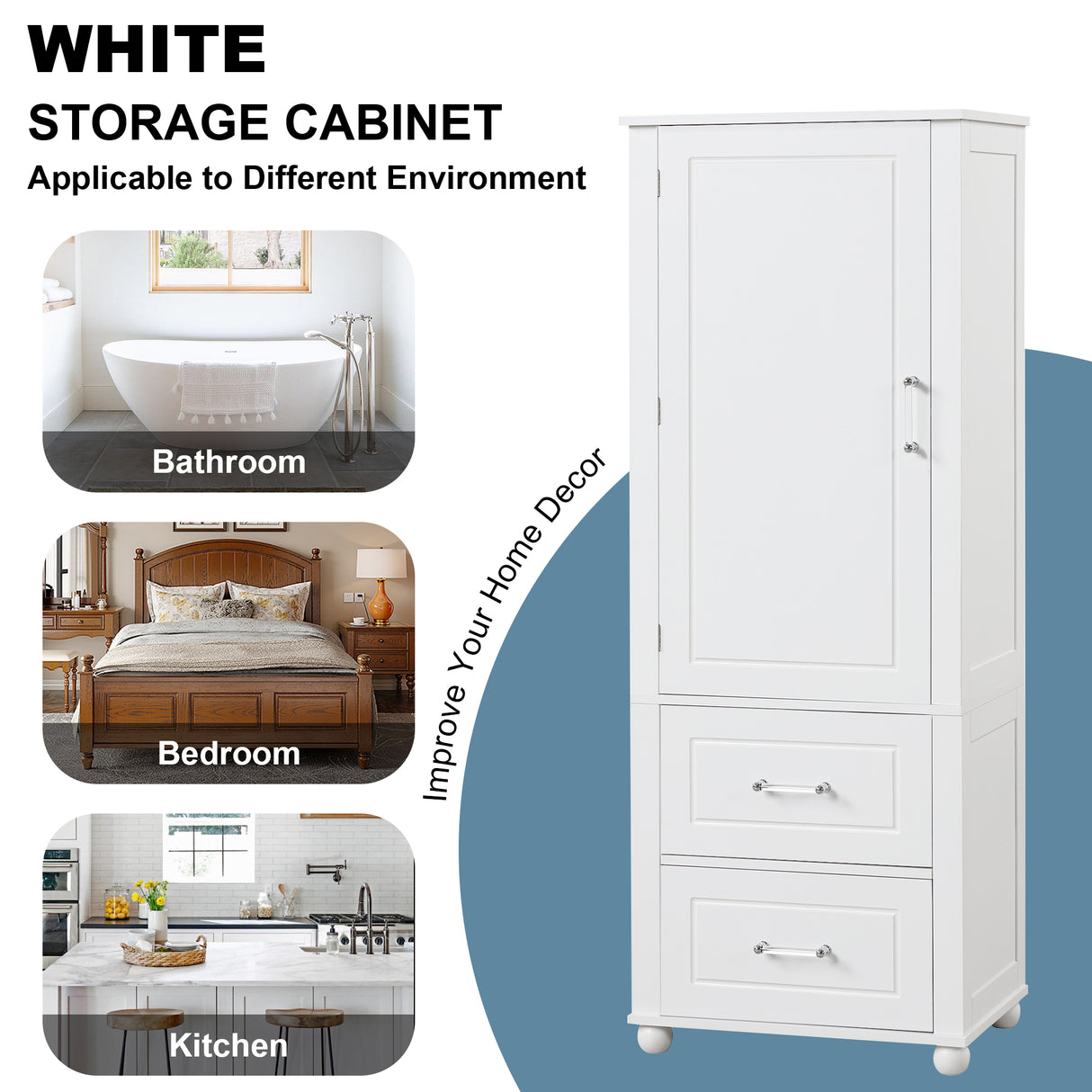 Tall bathroom storage cabinet with two drawers and adjustable shelves for independent storage - V.I.P Digital Presence
