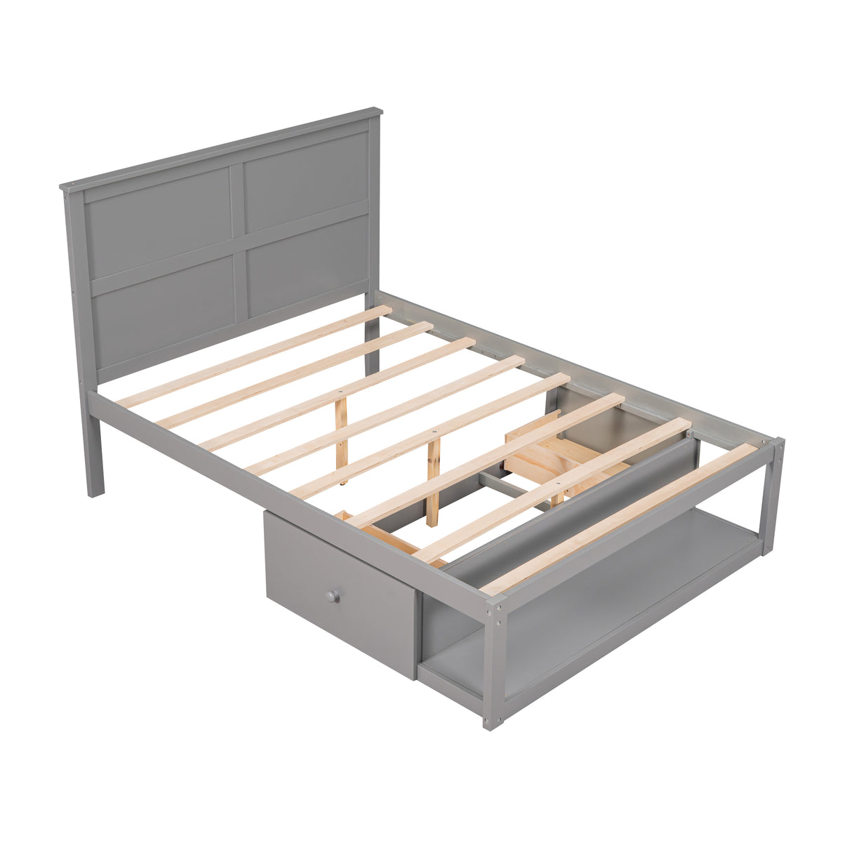 Full Size Platform Bed with Drawer on the Each Side and Shelf on the End of the Bed Gray
