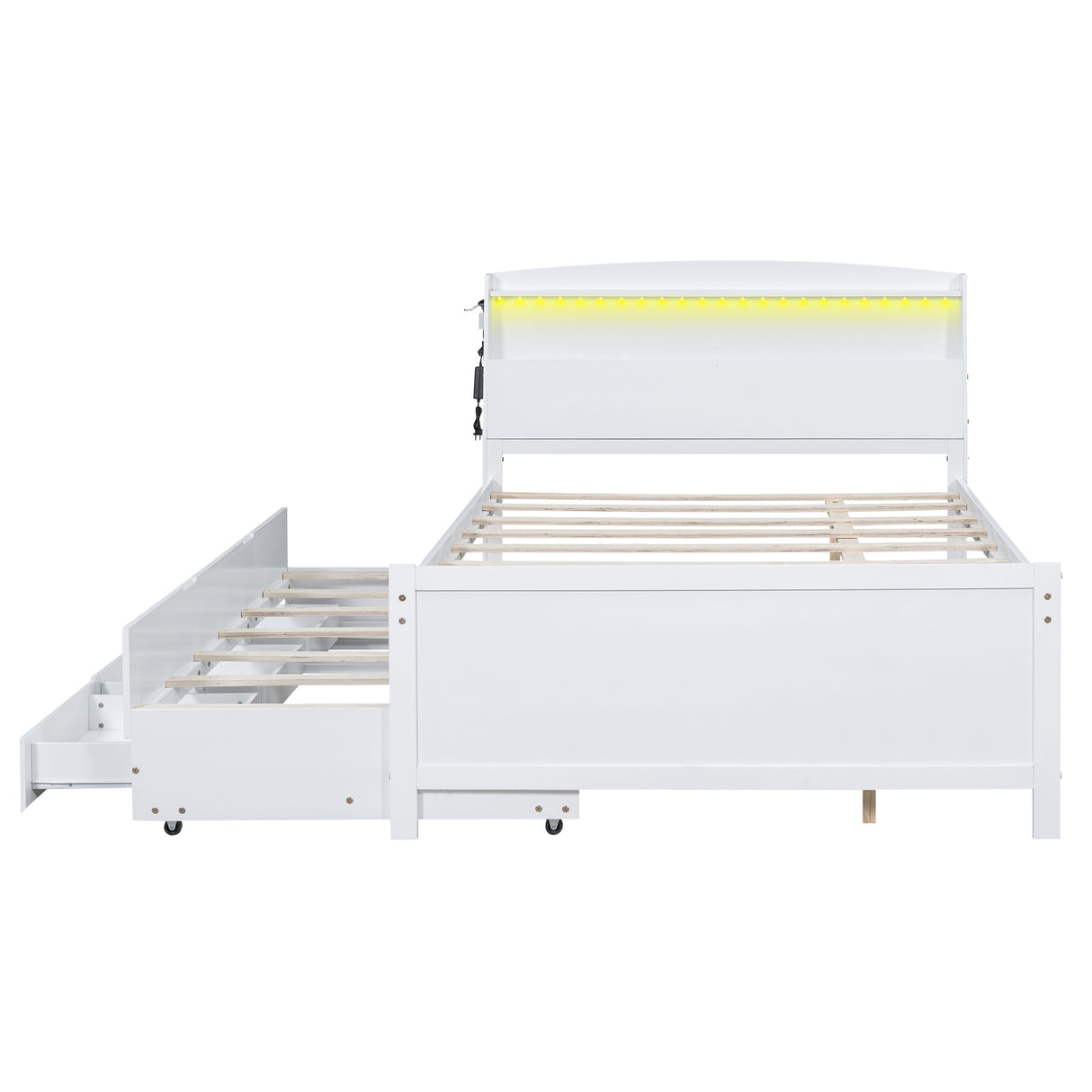 Full Size Platform Bed with Storage LED Headboard Twin Size Trundle and 3 Drawers White