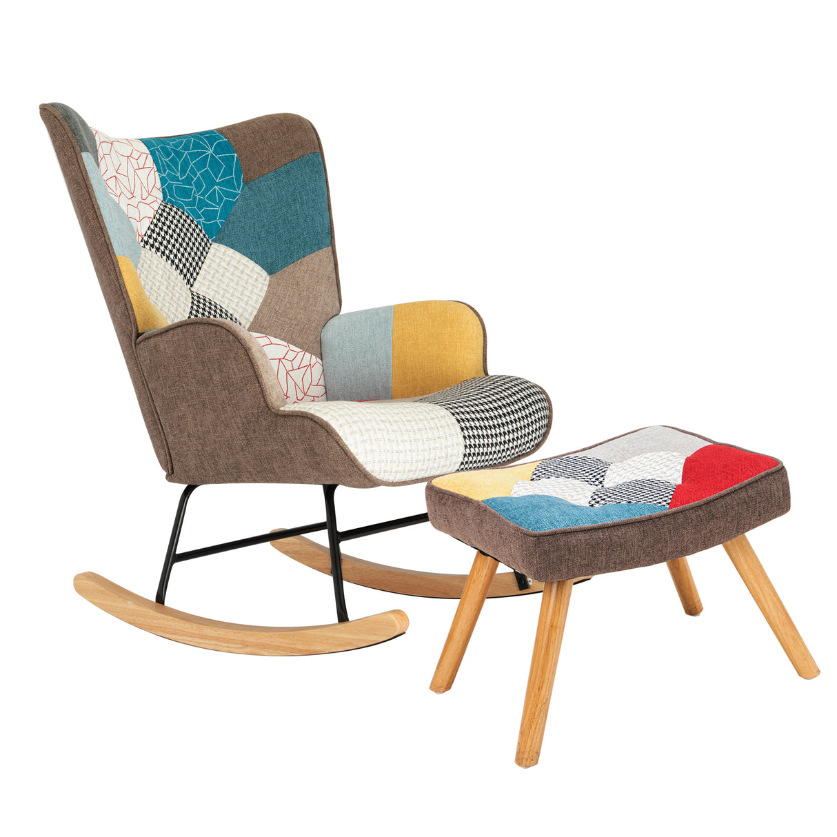 Rocking Chair with ottoman, Mid Century Fabric Rocker Chair with Wood Legs and Patchwork Linen for Livingroom Bedroom - V.I.P Digital Presence