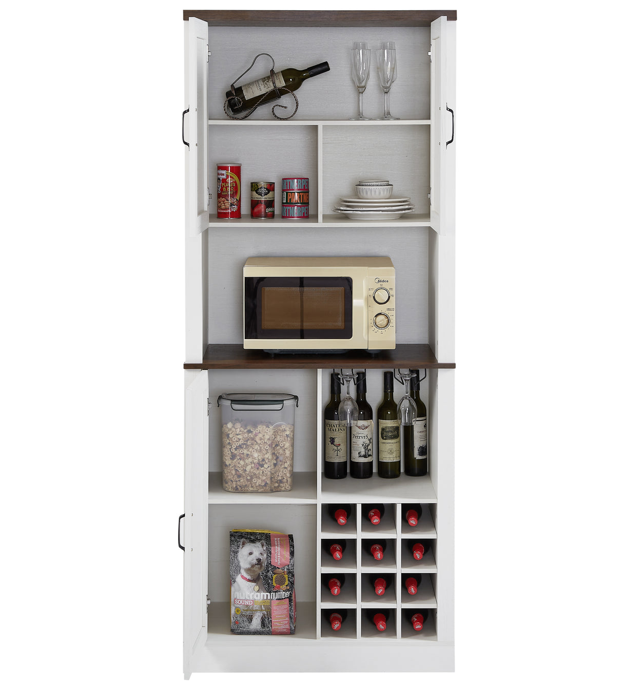 76 Inch Tall Farmhouse Kitchen Faux Rattan Wine Cabinet, Kitchen Bar Cabinet with Square Compartments and Shelves - V.I.P Digital Presence