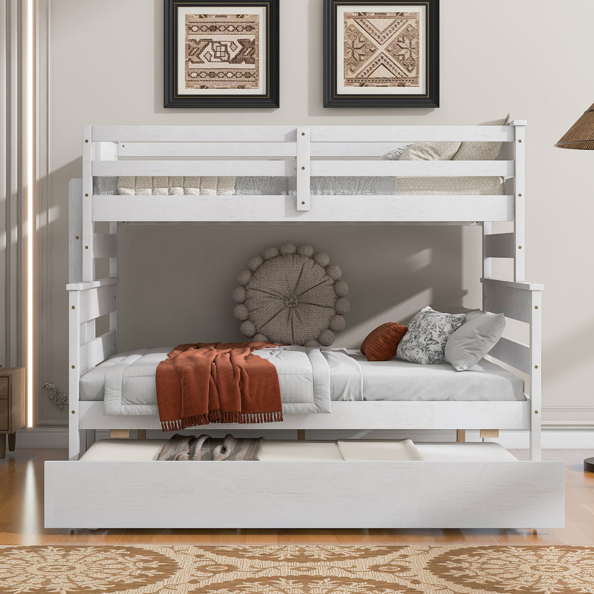 Wood Twin over Full Bunk Bed with Twin Size Trundle White