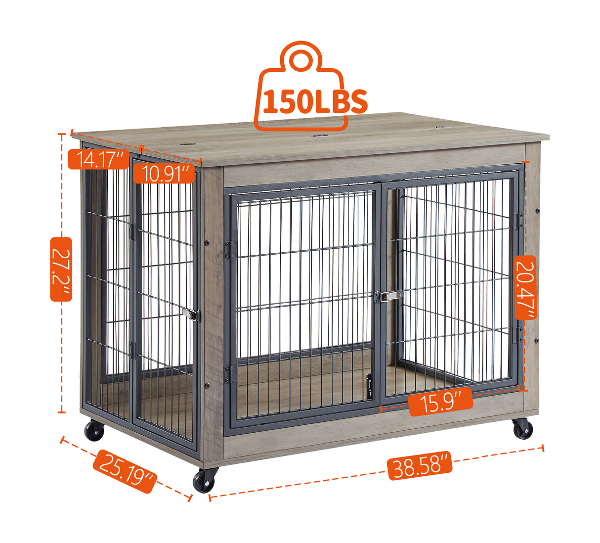 Furniture Style Dog Crate Side Table on Wheels with Double Doors and Lift Top.Grey,38.58''w x 25.5''d x 27.36''h - V.I.P Digital Presence