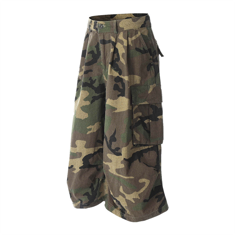 Loose Wide-Leg Camouflage Three-Quarter Pants Men's Summer Work Shorts Pleated Design with Large Pockets - V.I.P Digital Presence